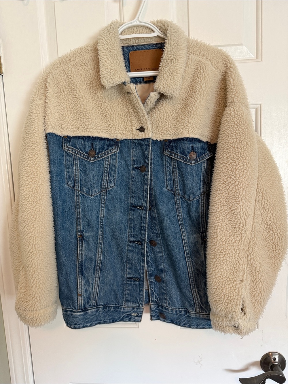 American Eagle Outfitters Blue Denim Jacket with Cream Sherpa
